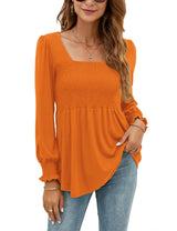 LOMON Blouses for Women Puff Long Sleeve Shirts Square Neck Casual Smocked Tunic Tops 2024 Spring Fall Winter Clothes S-XL