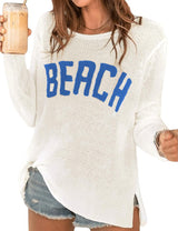 LOMON Beach Cover Up for Women Letter Print Long Sleeve Sweater Crochet Tops Shirts Casual Crewneck Split Hem Pullover