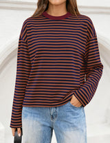 LOMON Striped Long Sleeve Shirt Women Y2k Oversized Crewneck Fall Spring Drop Shoulder Vintage Tops Teen Girl Clothes