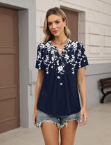 LOMON Womens Tops Dressy Casual V Neck Short Sleeve Shirts Summer Pleated Blouses Button Down Tunic Loose Fit