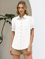 LOMON Linen Shirts for Women Puff Sleeve Button Down Summer Casual Cotton Linen Blouses Collared Work Tops Dressy