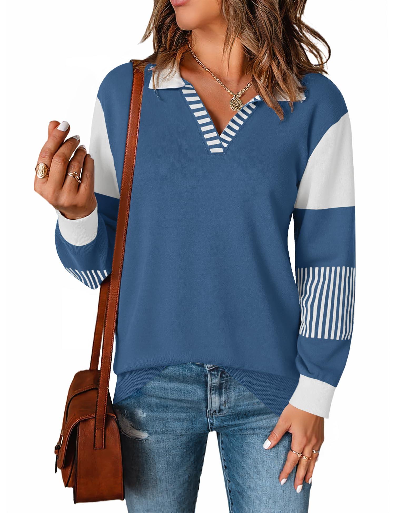 LOMON V Neck Long Sleeve Loose Sweaters Color Block Striped Knitted Pullover Jumper Tops