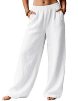 LOMON Linen Pants Women Wide Leg Palazzo Summer Flowy Pants Beach Vacation Clothes Elastic Waist Travel Trousers with Pockets