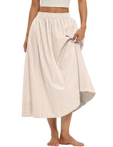 LOMON Midi Skirts for Women A-Line Cotton Flowy Maxi Skirt Boho Summer Beach Casual Elastic Waist Dress Outfit with Pockets