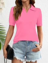 LOMON Womens Puff Short Sleeve Polo Sweater V Neck Knitted Tops Casual Ribbed Shirt Pullover Blouse