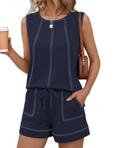 LOMON Womens Two Piece Short Sets Summer Round Neck Sleeveless Tank Tops Drawstring Elastic Waist Shorts with Pockets