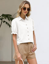 LOMON Linen Shirts for Women Puff Sleeve Button Down Summer Casual Cotton Linen Blouses Collared Work Tops Dressy