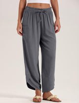 LOMON Women Linen Palazzo Pants Boho Wide Leg Elastic Waisted Casual Capri Pant Summer Harem Lounge with Pockets
