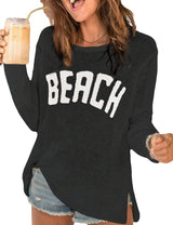 LOMON Beach Cover Up for Women Letter Print Long Sleeve Sweater Crochet Tops Shirts Casual Crewneck Split Hem Pullover