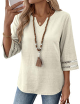 LOMON Womens 3/4 Sleeve V Neck Bohemian Blouses Casual Loose Fit Tunic Tops Vacation Clothes