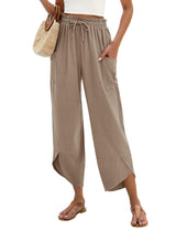 LOMON Women Linen Palazzo Pants Boho Wide Leg Elastic Waisted Casual Capri Pant Summer Harem Lounge with Pockets