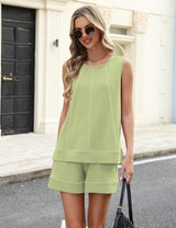 LOMON Womens Two Piece Short Sets Summer Round Neck Sleeveless Tank Tops Drawstring Elastic Waist Shorts with Pockets