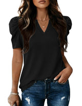 LOMON Spring Summer Tops for Women 2026 V Neck Puff Short Sleeve Tops Fashion Trendy Work Blouses Dressy Casual S-XXL