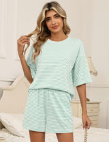 LOMON Two Piece Sets for Women Summer 3/4 Sleeve Tops and Elastic Waist Shorts Pajamas Cute Comfy Soft Lounge Striped Pjs