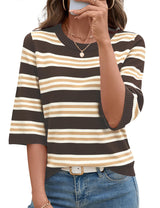 LOMON Womens Sweaters Casual Fall 2025 Crew Neck Striped 3/4 Sleeve Lightweight Knit Trendy Pullover Sweater Tops S-XL