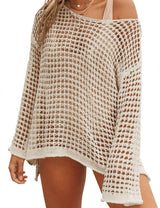 LOMON Womens Beach Cover Ups Long Sleeve Crochet Coverups for Swimwear Mesh Knit Swimsuit Cover Up XS-XXL