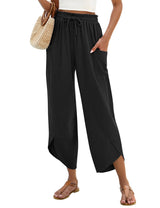 LOMON Women Linen Palazzo Pants Boho Wide Leg Elastic Waisted Casual Capri Pant Summer Harem Lounge with Pockets