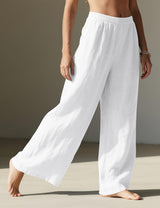 LOMON Linen Pants Women Wide Leg Palazzo Summer Flowy Pants Beach Vacation Clothes Elastic Waist Travel Trousers with Pockets