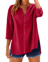LOMON 3/4 Length Sleeve Womens Tops V Neck 3/4 Sleeve Sides Slit Button Down Shirts Cotton Linen Casual Loose Blouses