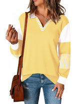 LOMON V Neck Long Sleeve Loose Sweaters Color Block Striped Knitted Pullover Jumper Tops