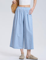LOMON Womens Wide Leg Capri Pants Gingham Plaid Culottes Summer Elastic Waist Palazzo Trousers Bottoms with Pockets