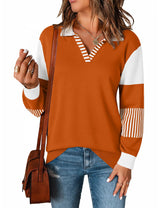 LOMON V Neck Long Sleeve Loose Sweaters Color Block Striped Knitted Pullover Jumper Tops