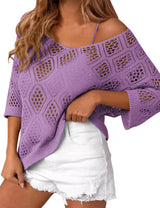 LOMON Womens 3/4 Sleeve Crochet Tops Off Shoulder Hollow Out Sweater V Neck Casual Loose Fit Beach Cover Up