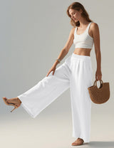 LOMON Linen Pants Women Wide Leg Palazzo Summer Flowy Pants Beach Vacation Clothes Elastic Waist Travel Trousers with Pockets