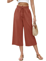 LOMON Women's Linen Capri Pants Wide Leg with Drawstring Elastic Waist Casual Cropped Pant
