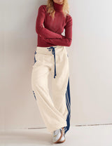 LOMON Pants for Women Wide Leg Side Striped Pants Drawstring Baggy Palazzo Work Trousers with Pockets