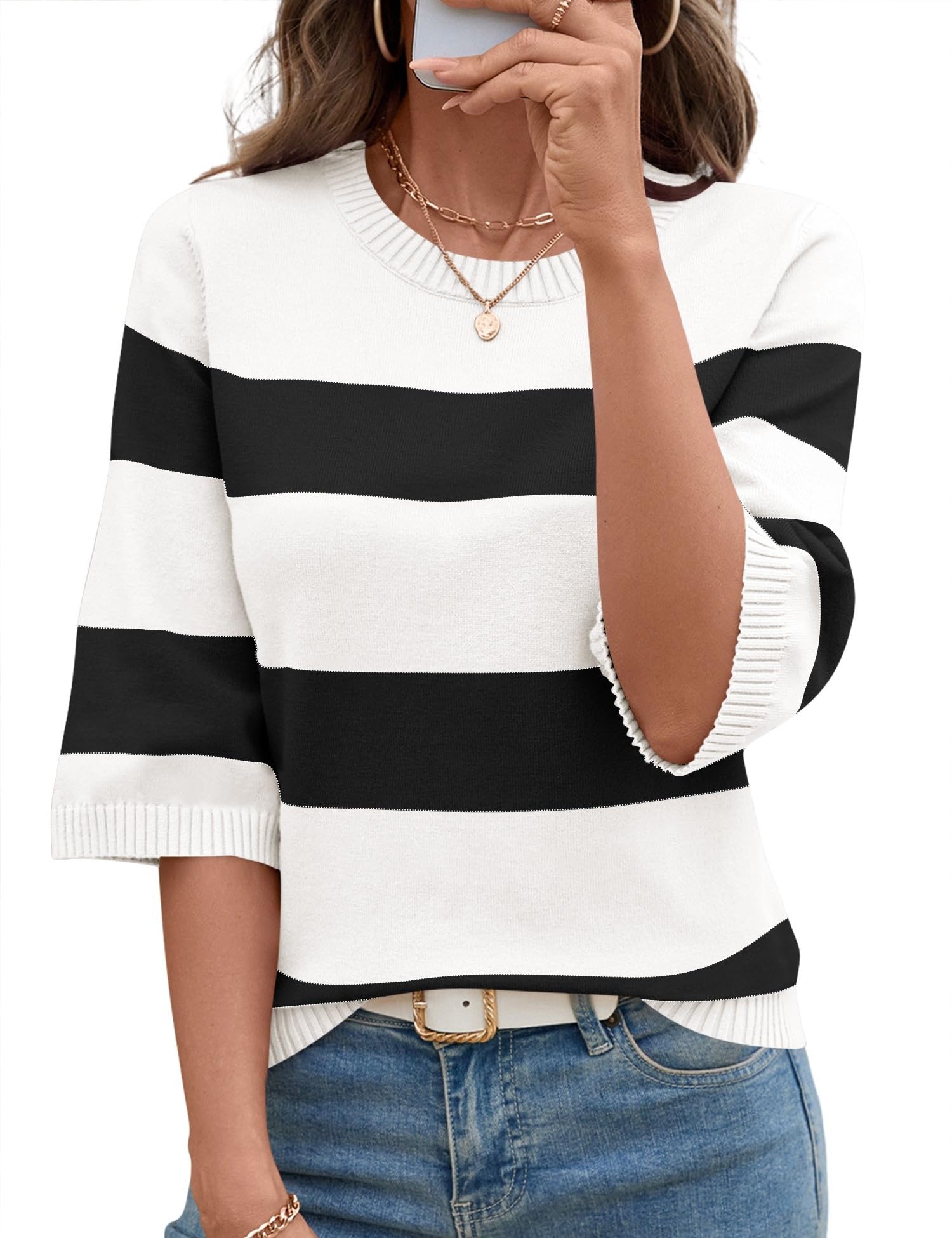 LOMON Womens Sweaters Casual Fall 2025 Crew Neck Striped 3/4 Sleeve Lightweight Knit Trendy Pullover Sweater Tops S-XL