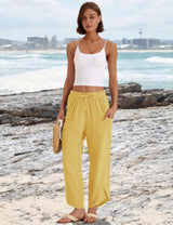LOMON Women Linen Palazzo Pants Boho Wide Leg Elastic Waisted Casual Capri Pant Summer Harem Lounge with Pockets
