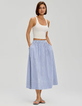 LOMON Midi Skirts for Women A-Line Cotton Flowy Maxi Skirt Boho Summer Beach Casual Elastic Waist Dress Outfit with Pockets