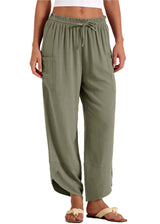 LOMON Women Linen Palazzo Pants Boho Wide Leg Elastic Waisted Casual Capri Pant Summer Harem Lounge with Pockets