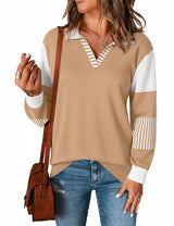 LOMON V Neck Long Sleeve Loose Sweaters Color Block Striped Knitted Pullover Jumper Tops