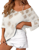 LOMON Womens 3/4 Sleeve Crochet Tops Off Shoulder Hollow Out Sweater V Neck Casual Loose Fit Beach Cover Up