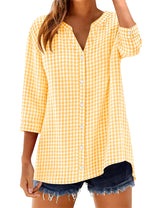 LOMON Cotton 3/4 Sleeve Button Down Shirts for Women Gingham Plaid Striped Tops V Neck Casual Loose Blouse