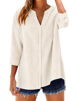 LOMON Cotton 3/4 Sleeve Button Down Shirts for Women Gingham Plaid Striped Tops V Neck Casual Loose Blouse