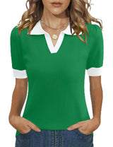 LOMON Womens Puff Short Sleeve Polo Sweater V Neck Knitted Tops Casual Ribbed Shirt Pullover Blouse
