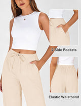 LOMON Womens Linen Pants Summer Wide Leg Cotton Pants Drawstring Elastic Waist Casual Loose Slacks Work Trousers with Pockets