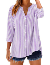 LOMON Cotton 3/4 Sleeve Button Down Shirts for Women Gingham Plaid Striped Tops V Neck Casual Loose Blouse