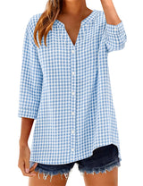 LOMON Cotton 3/4 Sleeve Button Down Shirts for Women Gingham Plaid Striped Tops V Neck Casual Loose Blouse