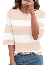 LOMON Womens Sweaters Casual Fall 2025 Crew Neck Striped 3/4 Sleeve Lightweight Knit Trendy Pullover Sweater Tops S-XL