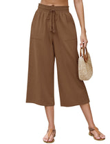 LOMON Women's Linen Capri Pants Wide Leg with Drawstring Elastic Waist Casual Cropped Pant