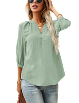 LOMON Women's Casual 3/4 Sleeve Henley V-Neck Button Up Pleated Back Blouses Swiss Dot Blouse Tops T-Shirts S-XXL