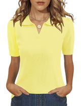 LOMON Womens Puff Short Sleeve Polo Sweater V Neck Knitted Tops Casual Ribbed Shirt Pullover Blouse