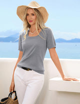 LOMON Womens Short Sleeve Sweater Spring Square Neck Knit Tops Summer Fahshion Business Casual Tops