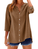 LOMON Womens 3/4 Sleeve Button Down Shirts Cotton Linen Roll Up Short Sleeve Tops V Neck Casual Loose Fit Blouses