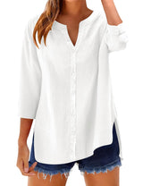 LOMON 3/4 Length Sleeve Womens Tops V Neck 3/4 Sleeve Sides Slit Button Down Shirts Cotton Linen Casual Loose Blouses
