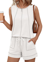 LOMON Womens Two Piece Short Sets Summer Round Neck Sleeveless Tank Tops Drawstring Elastic Waist Shorts with Pockets
